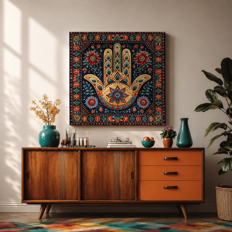 Hamsa Hand Wall Art Evil Eye Framed Canvas Khamsa Persian Boho Protection Home Decor