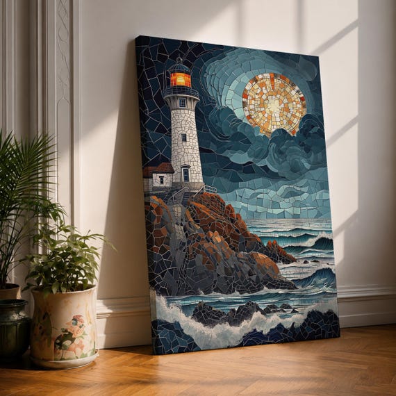 Lighthouse Wall Art Coastal Beacon Framed Canvas Ocean Landscape Stained Glass Nautical Bedroom Decor