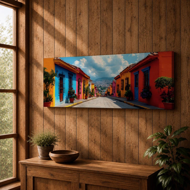 Puede incluir: Un lienzo rectangular que muestra una calle estrecha bordeada por edificios de colores vibrantes azul, amarillo, naranja y rosa. Plantas en macetas bordean el camino de piedra, conduciendo hacia monta&ntilde;as lejanas bajo un cielo azul nublado.