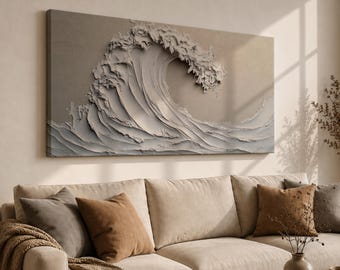 Ocean Wave Wall Art, Panoramic Coastal Canvas Print, Textured Sea Wave Painting, Beach House Decor
