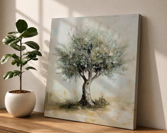 Olive Tree Wall Art, Rustic Mediterranean Botanical Canvas, Neutral Farmhouse Painting, Natural Green Home Decor