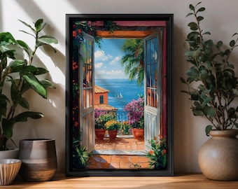 Mediterranean Sea View Wall Art, Italian Coastal Window Print, Amalfi Coast Inspired Decor, Open Window Ocean Art, European Summer Decor