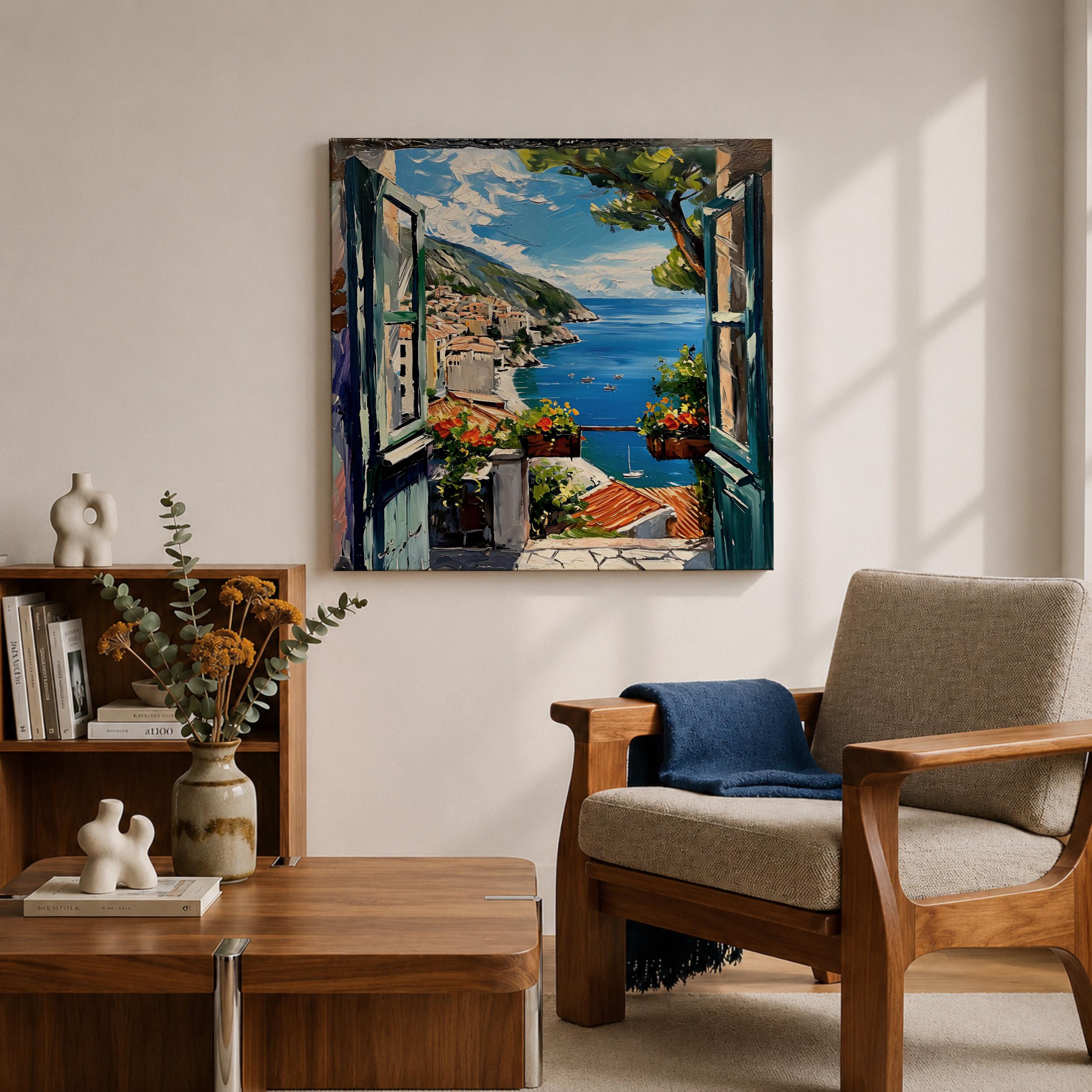 Mediterranean Window View Wall Art Coastal Seaside Framed Canvas Ocean ...