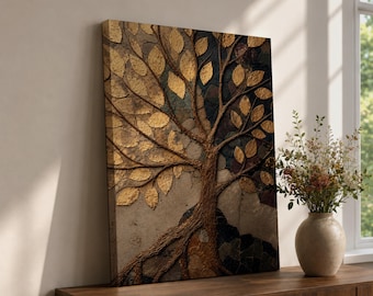 Tree of Life Canvas Wall Art, Gold Botanical Print, Rustic Nature Decor, Earthy Neutral Wall Art, Textured Tree Artwork, Boho Home Decor