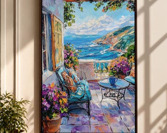 Mediterranean Ocean View Canvas Print, Coastal Terrace Wall Art, Seaside Landscape Home Decor