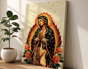 Our Lady of Guadalupe Wall Art Virgencita Framed Canvas Mexican Catholic Floral Altar Decor