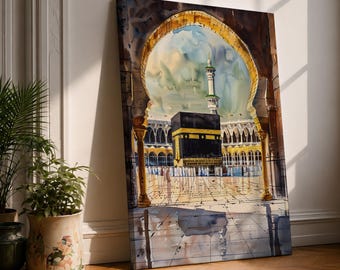 Kaaba Wall Art Archway View Framed Canvas Masjid Al Haram Mecca Watercolor Islamic Decor