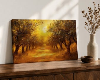 Quadro decorativo de parede com tema de olival, Olea Europaea, tela emoldurada com pôr do sol mediterrâneo e decoração rústica para casa.