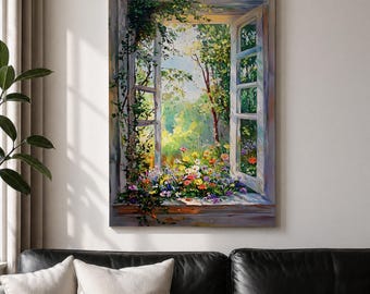 Garden Window Wall Art Cottage Window Framed Canvas Botanical Floral Rustic Living Room Decor