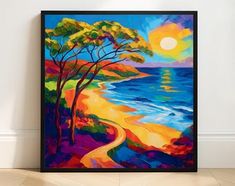 Vibrant Coastal Pathway Art Print: Colorful Ocean Sunset Painting