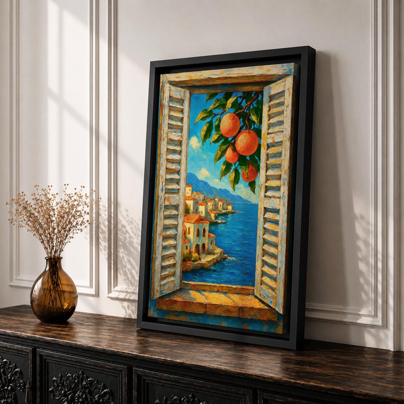Mediterranean Orange Tree Window Wall Art Italian Coastal View Framed ...