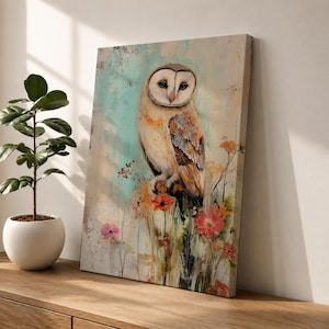 Barn Owl Wall Art, Wildflower Meadow Impressionist Canvas Print, Rustic Farmhouse Decor