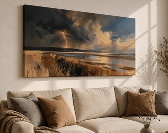 Stormy Coastal Marsh Canvas Print, Dramatic Seascape Painting, Panoramic Extra Wide Ocean Wall Art