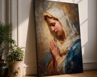 Virgin Mary Wall Art Prayer Portrait Framed Canvas Blessed Mother Impressionist Catholic Decor