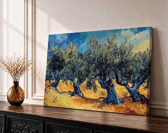 Arte de parede com olival, paisagem mediterrânea em tela emoldurada com técnica rústica de impasto para decoração de casa.
