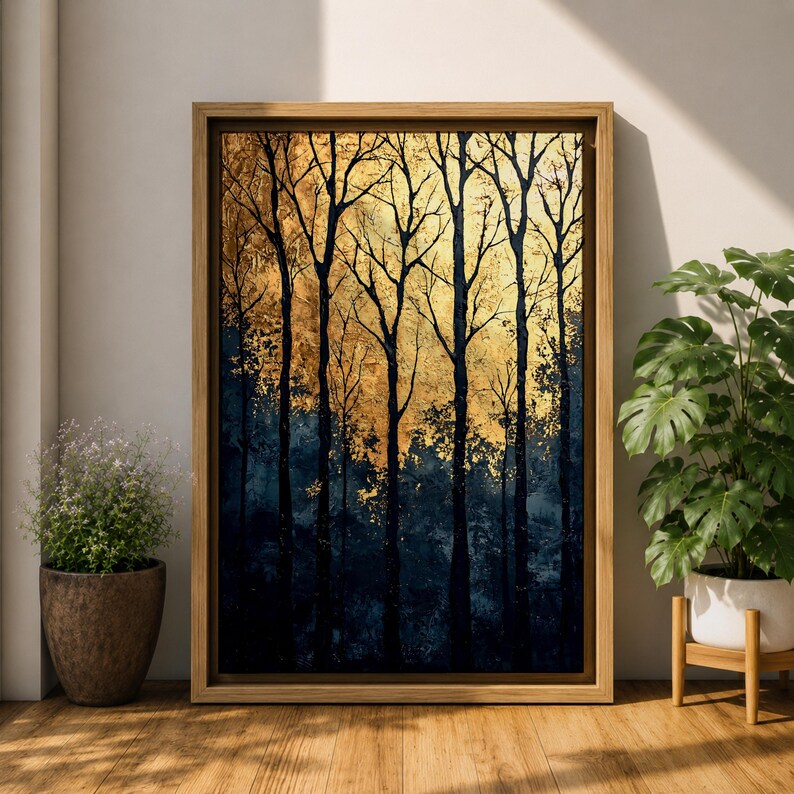 A framed vintage-style artwork depicting tall, bare trees in a forest with a textured golden background. The composition highlights the silhouette of woodland trees against a warm, aged backdrop, blending natural landscape elements with a nostalgic vintage aesthetic.