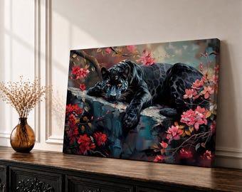 Black Panther Canvas Wall Art, Floral Jaguar Painting, Dark Wildlife Decor, Luxury Animal Print