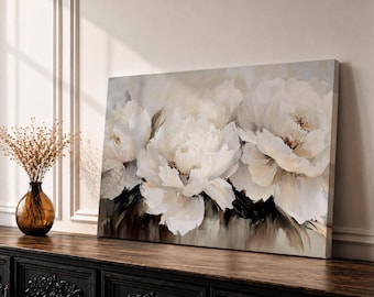 White Peonies Wall Art Garden Peony Framed Canvas Impasto Floral Vintage Home Decor