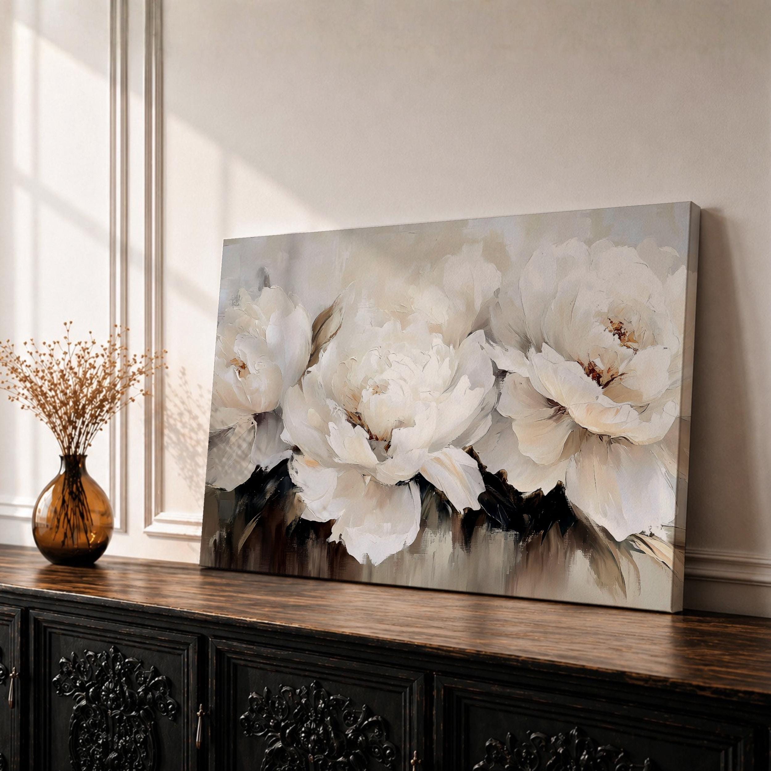 White Peonies Wall Art Garden Peony Framed Canvas Impasto Floral
