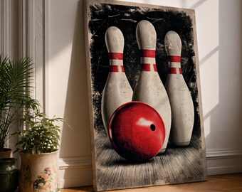Bowling Wall Art Strike Pins Framed Canvas Bowling Alley Vintage Sports Decor