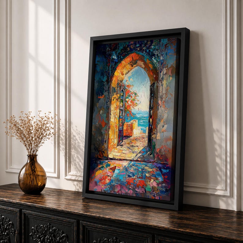 This impasto style painting depicts a Moroccan archway opening to a vibrant ocean view with bright sunlight illuminating textured stone walls and colorful mosaic floor tiles, capturing the essence of Moorish architectural design and coastal cultural scenery.