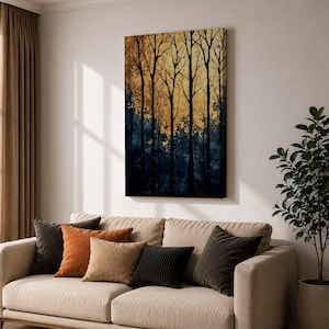 A framed vintage-style artwork depicting tall, bare trees in a forest with a textured golden background. The composition highlights the silhouette of woodland trees against a warm, aged backdrop, blending natural landscape elements with a nostalgic vintage aesthetic.