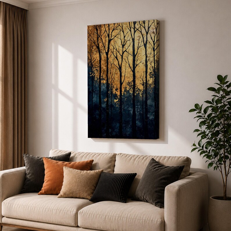 A framed vintage-style artwork depicting tall, bare trees in a forest with a textured golden background. The composition highlights the silhouette of woodland trees against a warm, aged backdrop, blending natural landscape elements with a nostalgic vintage aesthetic.