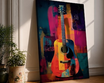 Abstract Guitar Wall Art Colorful Acoustic Framed Canvas Modern Music Painting Vibrant Decor