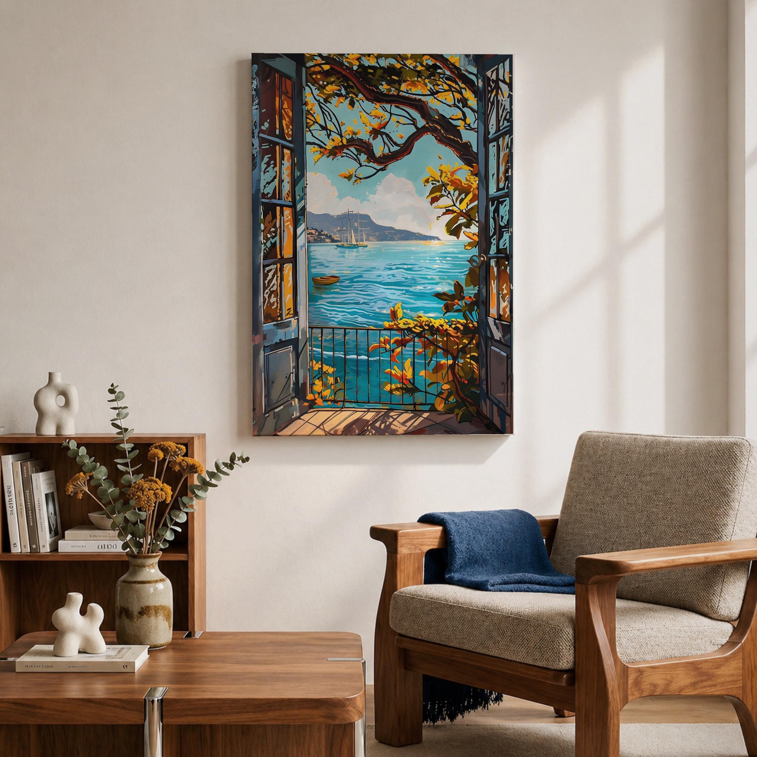 Mediterranean Balcony Wall Art Coastal Ocean View Framed Canvas