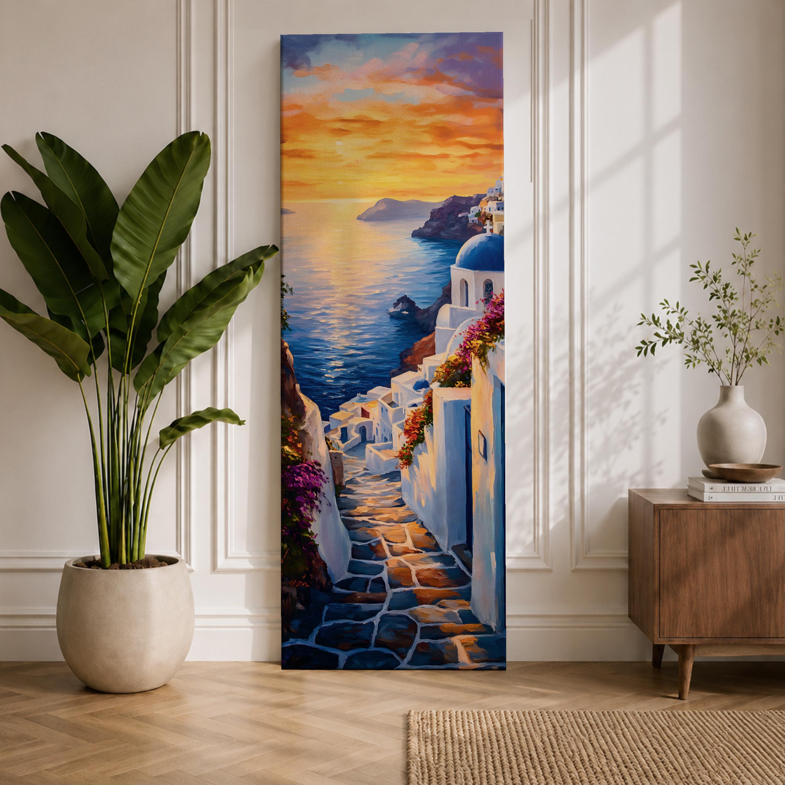 Santorini Tall Narrow Wall Art Oia Village Long Vertical Framed