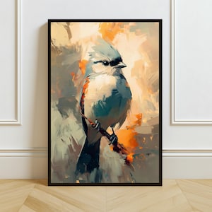 Abstract Bird Wall Art - Digital Print of Blue and Orange Bird - Modern Nature-Inspired Decor