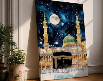 Kaaba Wall Art Night Sky Framed Canvas Masjid Al Haram Islamic Holy Mosque Decor
