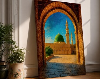Masjid Al Nabawi Wall Art Green Dome Framed Canvas Medina Mosque Islamic Architecture Decor