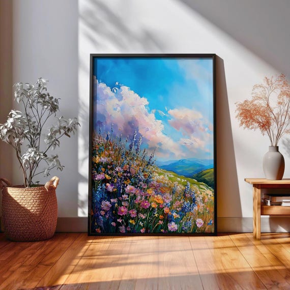 Wildflower Meadow Wall Art Botanical Landscape Framed Canvas Impasto Scenery Farmhouse Home Decor