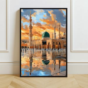 Prophet&#39;s Mosque Wall Art Printable, Madinah Sunset Digital Download, Islamic Sacred Decor, Muslim Home Gift, Masjid Nabawi Artwork