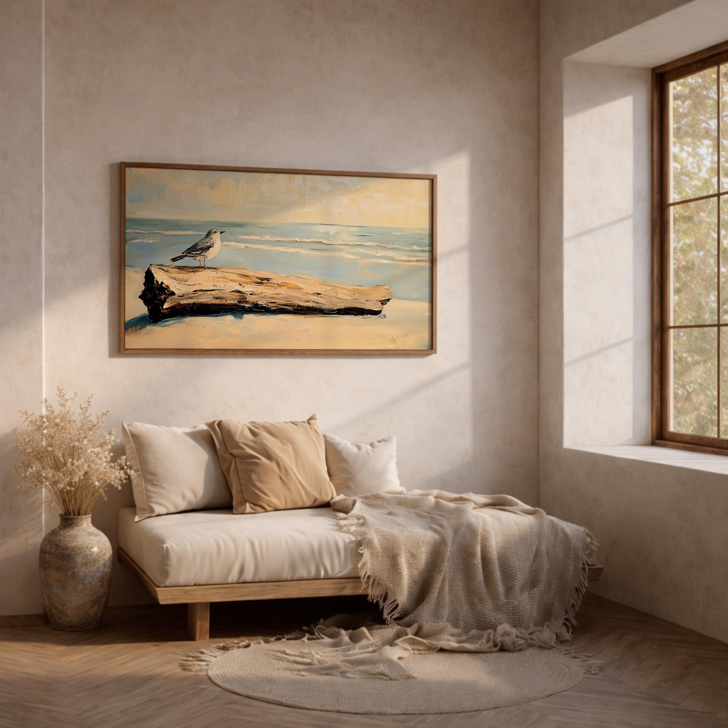 Seagull Wall Art Ocean Bird Framed Canvas Driftwood Coastal Nautical ...