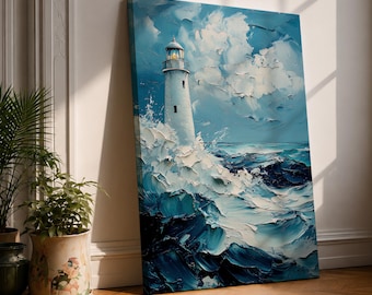 Leuchtturm Wand Kunst Ozean Seelandschaft gerahmte Leinwand Küsten Nautik Impasto Landschaft Wohnzimmer Dekor