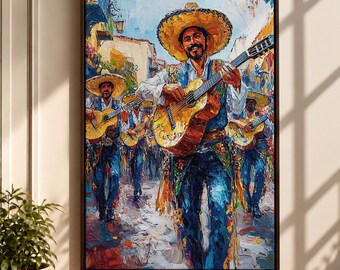 Mexican Mariachi Canvas, Colorful Guitar Musicians Wall Art, Folklorico Festival Painting, Fiesta Decor