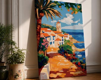 Mediterranean Coastal Wall Art Seaside Village Framed Canvas Ocean Landscape Italian Villa Bedroom Decor