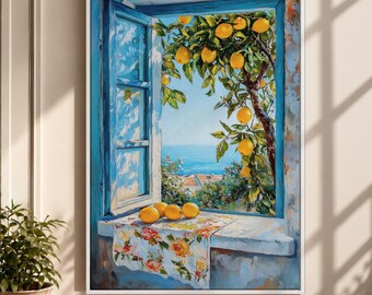 Mediterranean Lemon Window Canvas, Blue Shutters Sea View Wall Art, Italian Coastal Landscape Decor