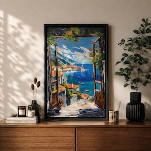 Amalfi Coast Wall Art, Open Window Impressionist Canvas Print, Mediterranean Living Room Decor