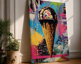 Ice Cream Wall Art Waffle Cone Framed Canvas Gelato Pop Art Kitchen Decor