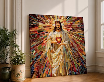 Cuadro del Sagrado Corazón de Jesús, Santo Redentor, Lienzo enmarcado, Mosaico, Decoración católica para el hogar