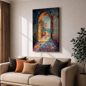 This impasto style painting depicts a Moroccan archway opening to a vibrant ocean view with bright sunlight illuminating textured stone walls and colorful mosaic floor tiles, capturing the essence of Moorish architectural design and coastal cultural scenery.