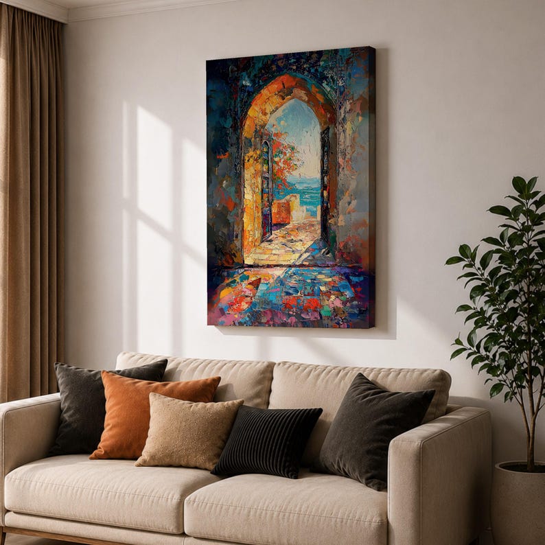 This impasto style painting depicts a Moroccan archway opening to a vibrant ocean view with bright sunlight illuminating textured stone walls and colorful mosaic floor tiles, capturing the essence of Moorish architectural design and coastal cultural scenery.