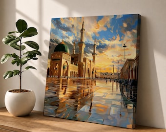 Masjid Nabawi Wall Art Green Dome Framed Canvas Rawdah Medina Islamic Mosque Home Decor