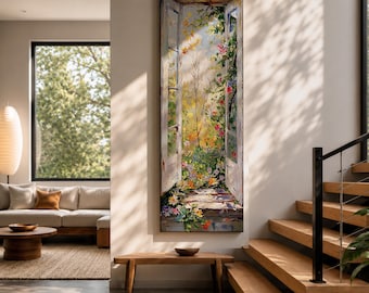 Long Narrow Wall Art, Tall Thin Canvas Wall Art, Floral Garden Wall Art, Nature Wall Art, Vertical Window Art for Hallway, Room or Office