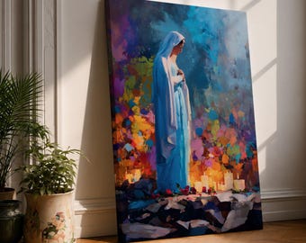 Our Lady of Lourdes Wall Art Marian Apparition Framed Canvas Colorful Candlelit Catholic Decor