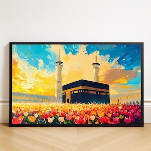 Kaaba Floral Oil Painting Art Print: Islamic Makkah Hajj Umrah Decor (Digital Download)
