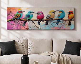 Colorful Birds Canvas Print, Songbird Painting, Long Horizontal Wall Art, Panoramic Nature Home Decor